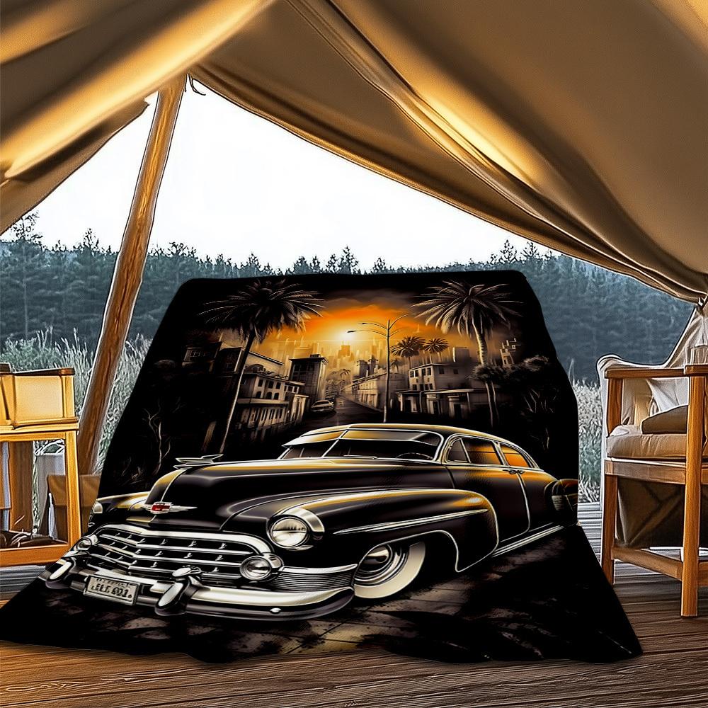 1pc Vintage Car Sunset Outdoor Flannel Blanket , Machine Washable Perfect Gift for Birthday , Holiday Travel Accessory , Durable Material