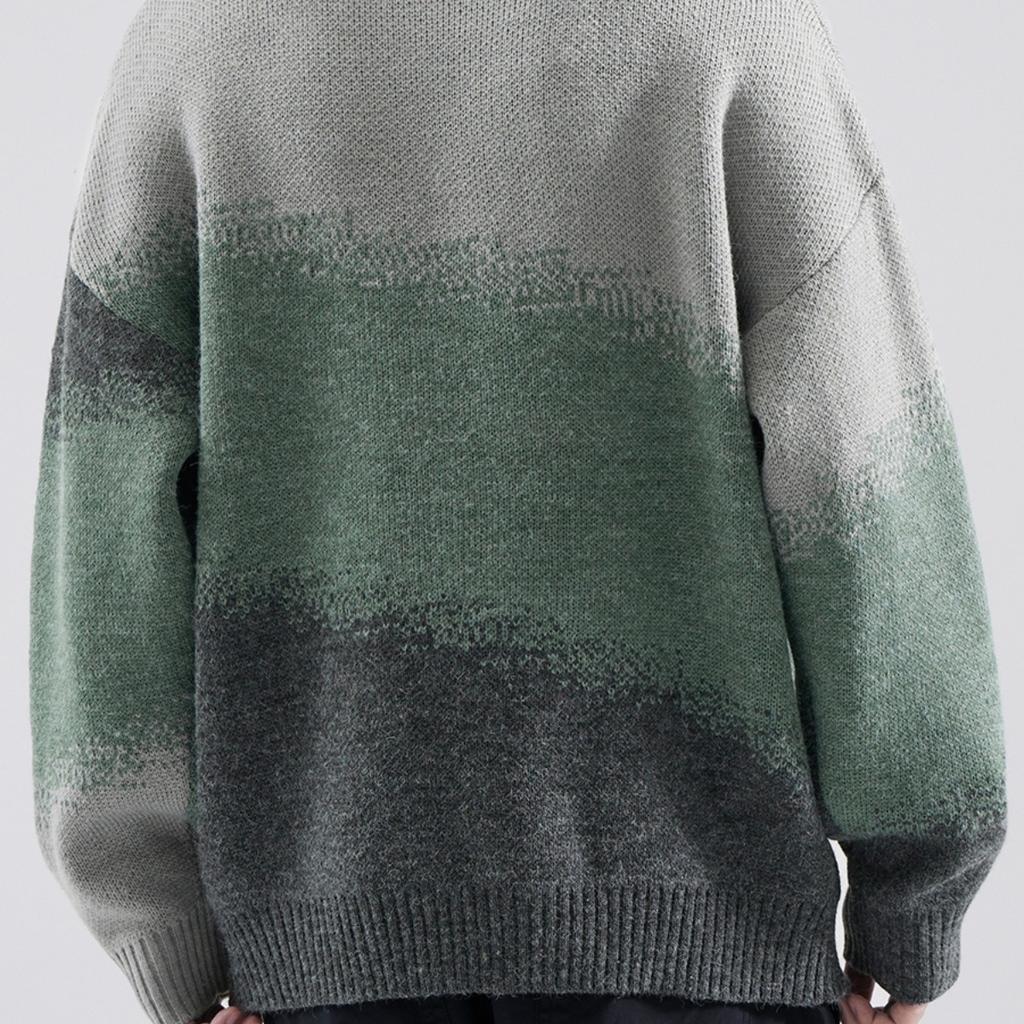 Autumn and Winter Thickened Sweater Men's Round Neck Gradual Change Knitted Sweater Fashion Loose Lazy Style Men's Color Matching Sweater Sweater