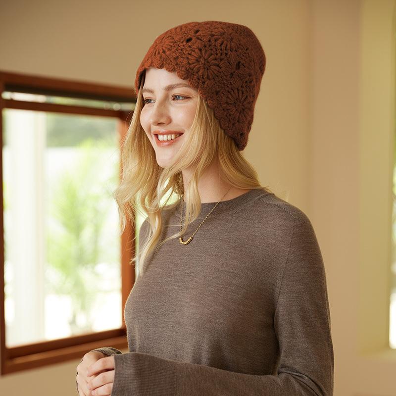 

Pure Cashmere Autumn and Winter New Women s Hand Knitted Patched Baotou Hat Hollow Retro Knitted Hat one size