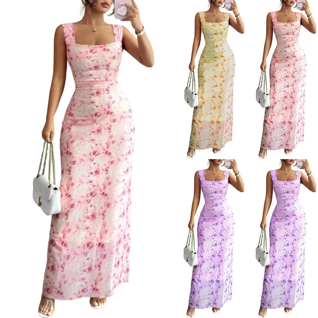 Abito Maxi Bodycon da Donna Senza Maniche Scollatura sulla Schiena Stampa Floreale Scollo Quadrato Aderente Lungo per Uso Casual e da Festa