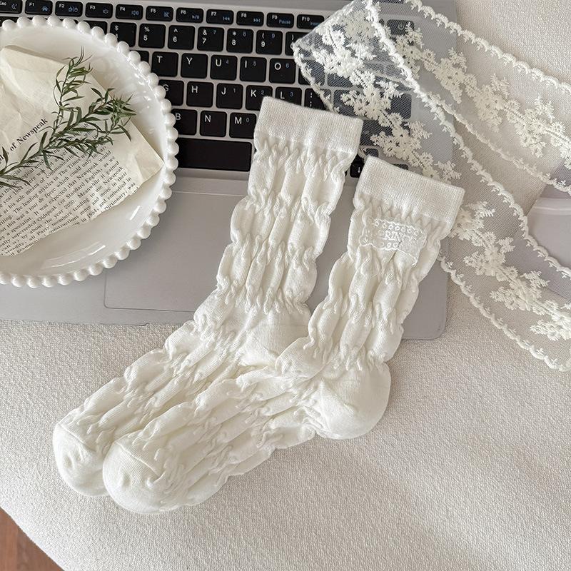 Female Spring and Autumn Pure Color Lace Cloth Standard Pleated Texture In The Tube Pile Socks