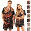 Couple Matching Halloween Pajama Set Short Sleeve Button Down Shirt with Curved Hem and Shorts Soft Casual Sleepwear S To XXXXL