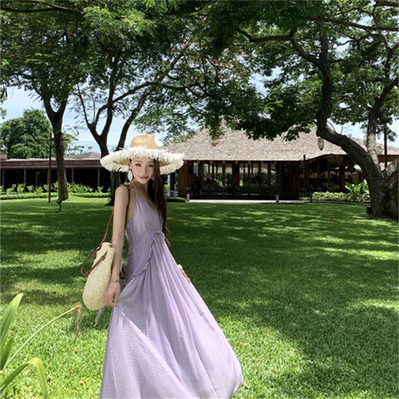 New holiday style purple backless neck dress, spring and summer Thailand travel photo good-looking long dress woman