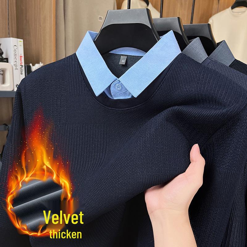 

Men s 2025 Winter Faux Two-Piece Thick Knitwear Lapel Sweater - Warm Casual Base Layer Shirt XL [60-70 kg]
