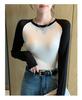 Women's Black and White Patchwork Long Sleeve Retro Slim Fit T-shirt, 2026 Spring/Autumn, Round Neck Base Layer.