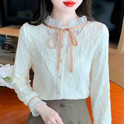 Nova Moda 2024 Inverno Manga Longa Com Cordões Gola Babados Slim Babados Veludo Renda Blusa Camisa Mulher Tops Blusas Camisas J799