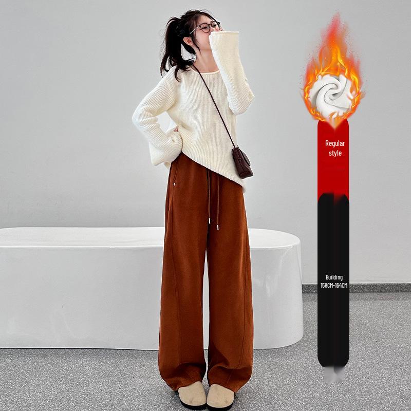 Pantalones de chándal grises de pierna ancha de cintura alta adelgazantes estilo americano para mujer - Primavera Engrosados con Felpa Ajuste Petite