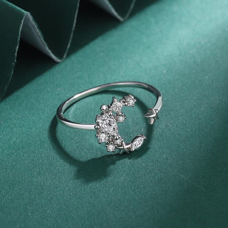 Creative Star Moon Round Full Diamond Couple Ring For Women U Shape Original Genuine Sterling Silver Valentine Day Gift Jewelry