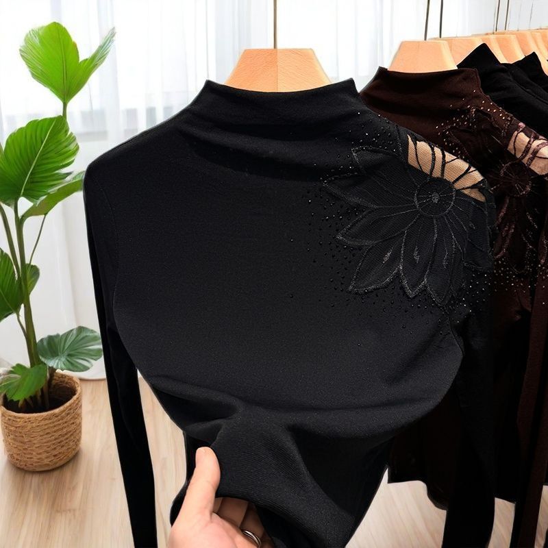 

Half Turtleneck Lace Bottoming Shirt, Autumn Fashionable Mesh Long-sleeved T-shirt Top for Women M