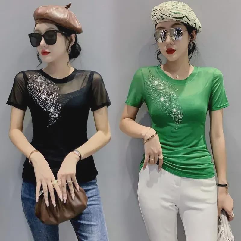 European Women's 2023 Diamond Embellished Mesh Round Neck Slim Fit T-Shirt