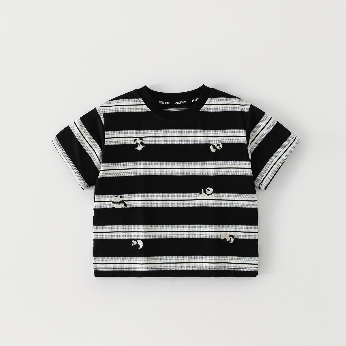 Beiteng Boys Striped Cartoon Embroidery Short Sleeve T-Shirt - Korean Style Summer Top for Children 130 cm
