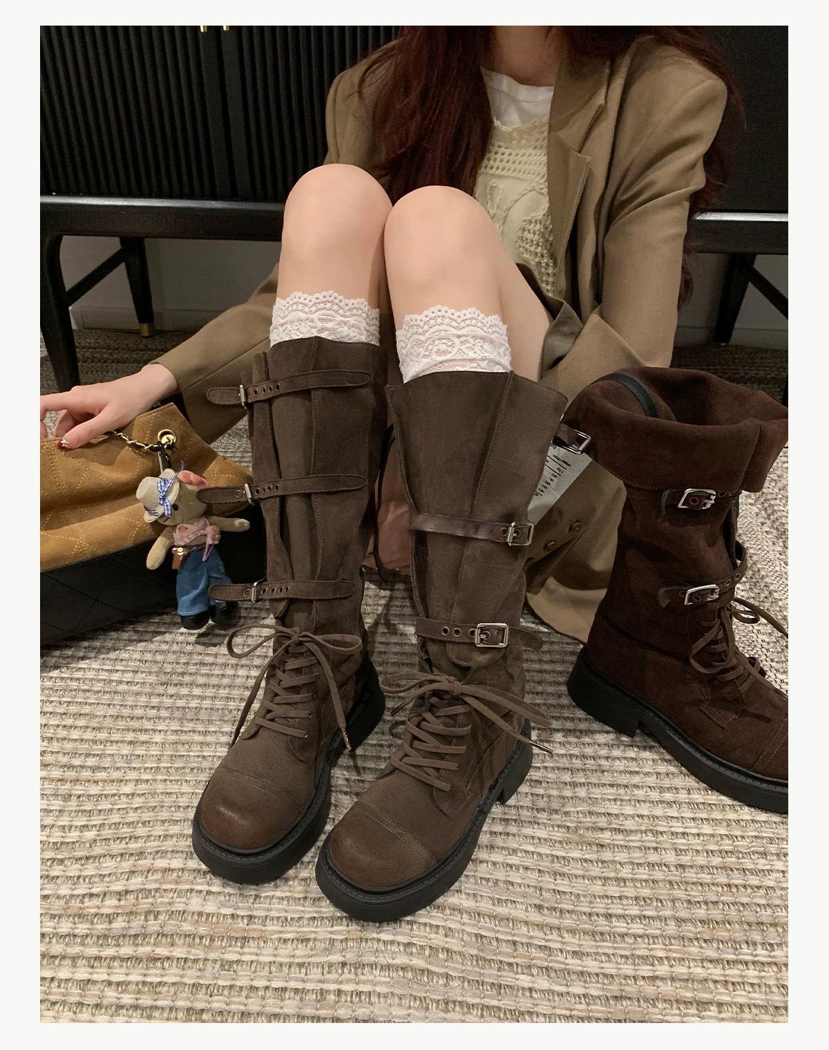 

Frosted~ Soft leather boots women s 2025 autumn new belt buckle knight boots but knee two wear tall boots 40 хакі