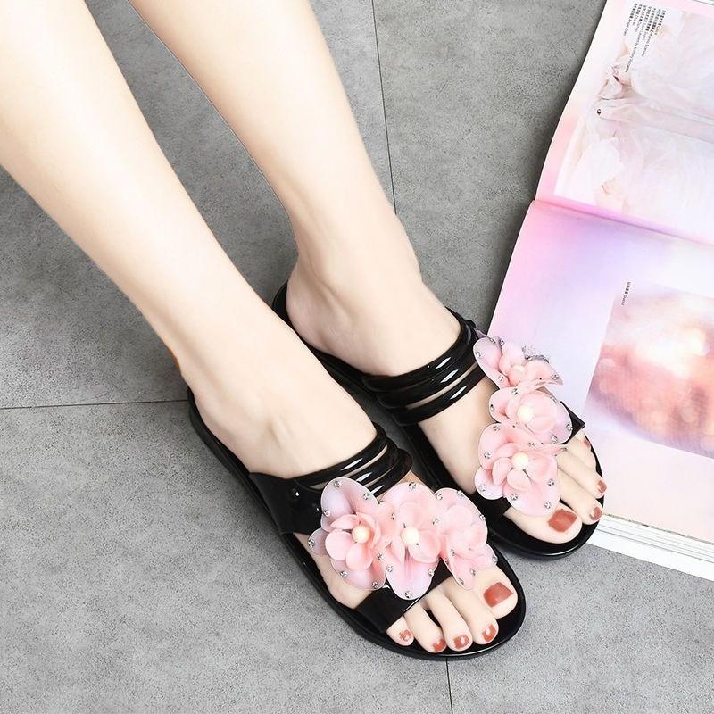 Mode Damen Hausschuhe Blumen Pantoletten Strand Sandalen Niedriger Absatz Kristallschuhe für Frauen 2025 Trend Luxus Sommer Schuhe Im Angebot