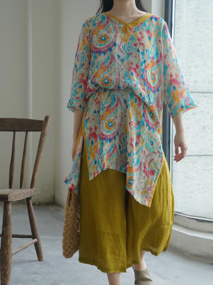 

Johnature женское винтажное платье из рами с семью рукавами Cheongsam, осеннее высококачественное женское платье с высоким разрезом One Size жёлтый