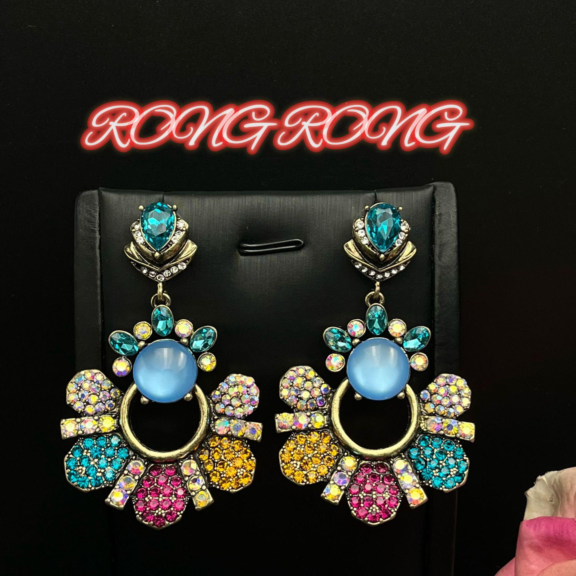 Medieval Niche Design With Contrasting Colors Inlaid Colored Diamonds Zircon Earrings Exaggerated Dopamine Irregular Heavy Industry Temperament