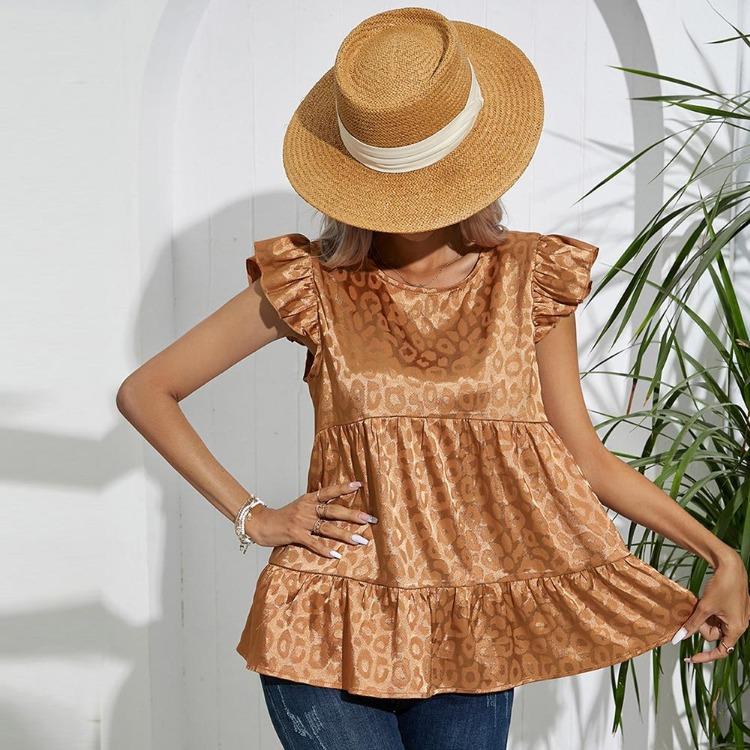 Women Summer Blouse Round Neck Jacquard Tank Top Simulated Silk Spring Shirt