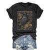 Retro Flower and Crow Pattern Printing + Short Sleeves + Round Neck T-shirt + Spring and Summer Women's Clothing