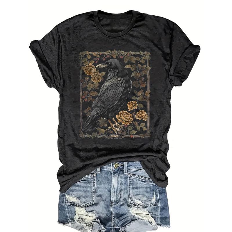 Retro Flower and Crow Pattern Printing + Short Sleeves + Round Neck T-shirt + Spring and Summer Women's Clothing