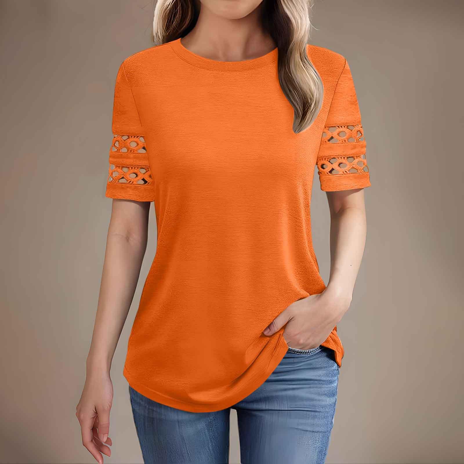 

Женская узкая футболка, модная повседневная однотонная футболка с круглым вырезом, короткий рукав XXL оранжевый