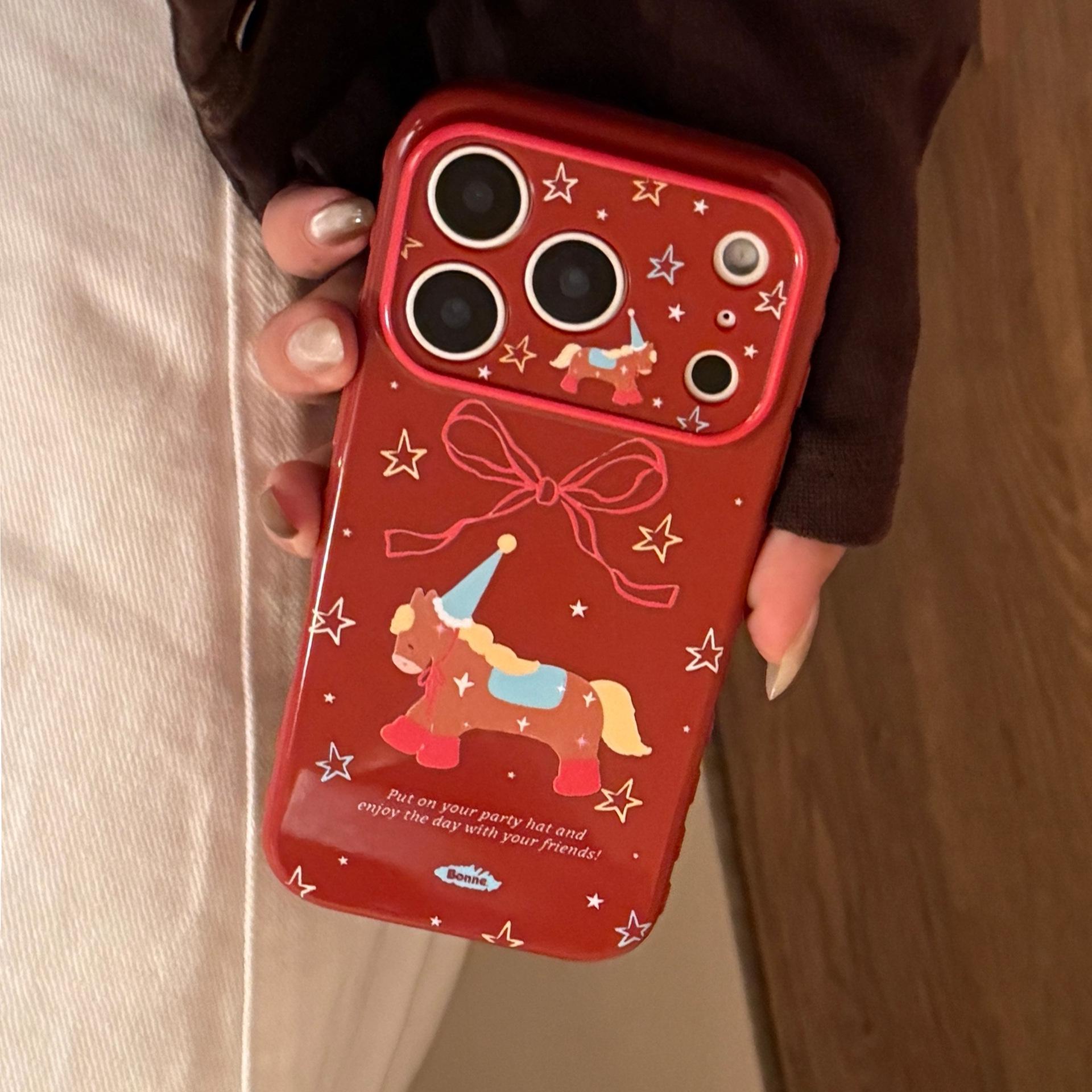 

Cartoon Horse Transparent Red Bow iPhone Case for 11/13/16 Pro Max 17 Pro Max [Precise Cut]
