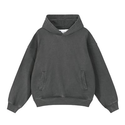 Washed Nostalgic Dark Grey Pure Cotton Retro Hooded Sweater for Men and Women