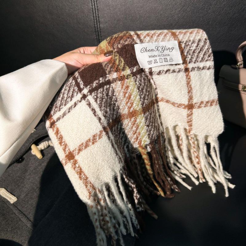 High-End Plaid Shawl for Women - 2025 Autumn/Winter Korean Style Thickened Imitation Cashmere Scarf