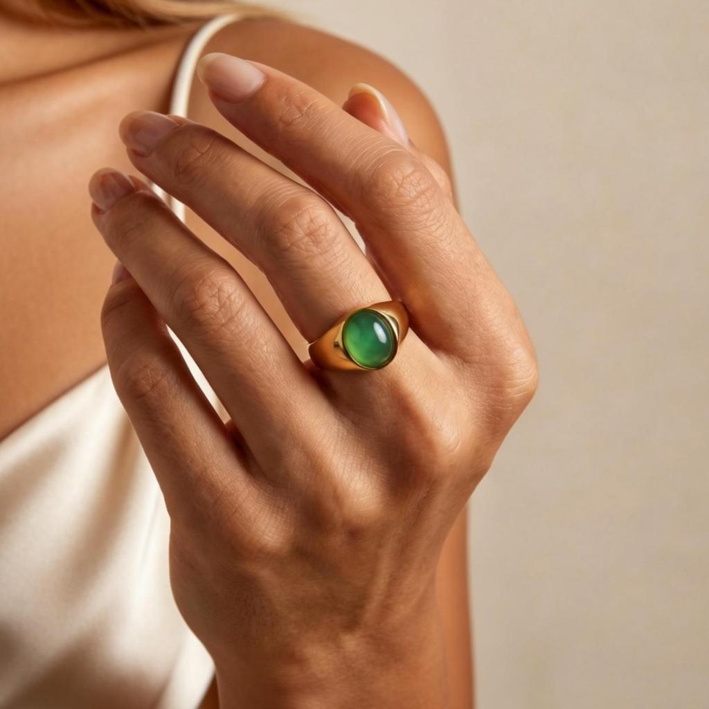 Stainless Steel Oval Natural Aventurine Ring for Women 18k Gold Plated Finger Rings Trendy Jewelry Gift