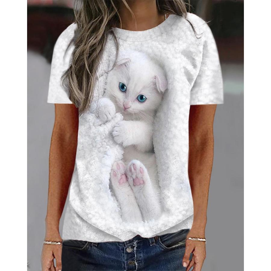 Letnie T-shirty Vintage Zwierzęcy Luźny Nadruk Bluzki Kobiety Krótki Rękaw Okrągły Dekolt Koszulki