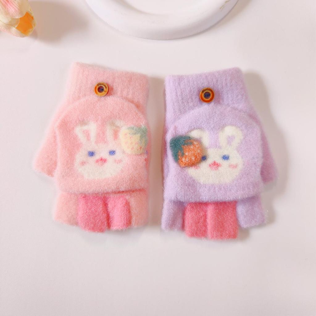 Girls' Cartoon Strawberry Rabbit Flip-Top Gloves - Warm Half-Finger, Autumn/Winter for Kids and Toddlers