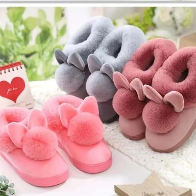Neue Herbst Winter Baumwolle Hausschuhe Fell Kaninchen Hause Warm Dicken Boden Innen Baumwolle Schuhe Frauen Hausschuhe Niedliche Flauschige Katze hausschuhe