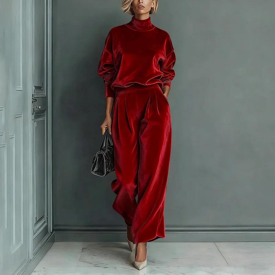 Fall Winter New High-End Fashion Women's Knit Long Sleeve Set Wide Leg Pants Two Piece Outfit