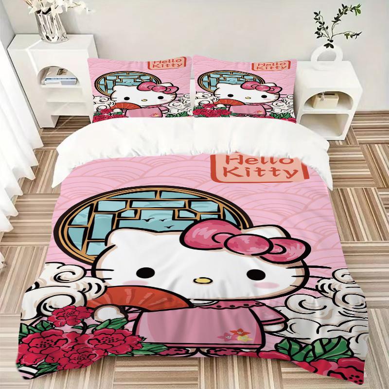 3pcs Ancient Style Hello Kitty Pattern Bedding Three-Piece Set (1 Cover + 2 Pillowcases, No Fillings), Soft and Comfortable W004
