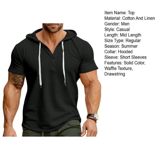 Men Top Hooded Drawstring Solid Short Sleeves Texture Pullover Waffle Color Slim Fit Casual Daily Wear Mid Length