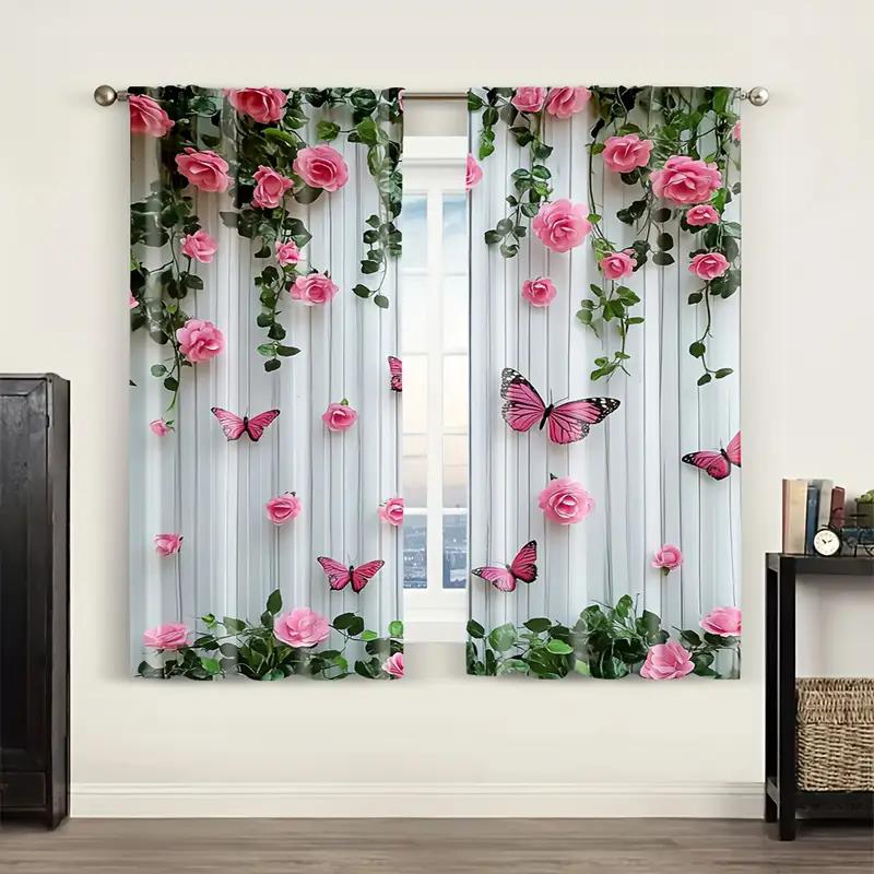 Elegant Butterfly And Pink Rose - Printed Curtains, Suitable For Bedroom And Living Room Home Decoration