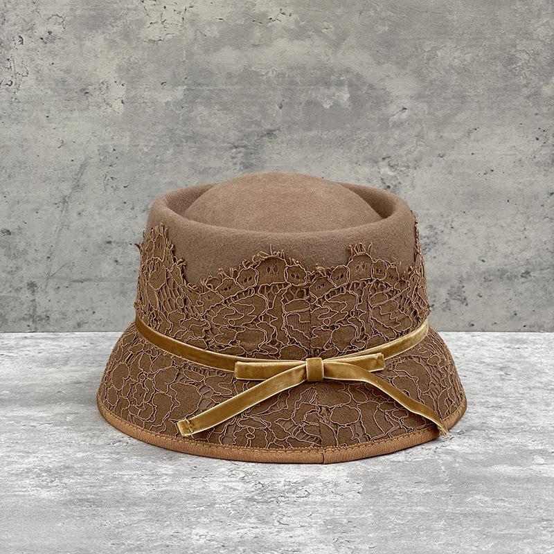 Japanese Retro Elegant Lace Concave Top Celebrity Style Woolen Bucket Hat Women'S Short Brim Basin Hat Felt Hat