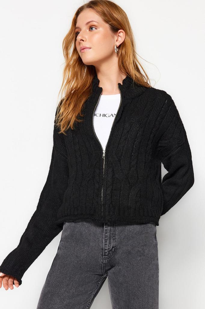Women's Elegance Style Cardigan Stone Crop Soft Textured Zipper Hair Braided Knitwear Cardigan