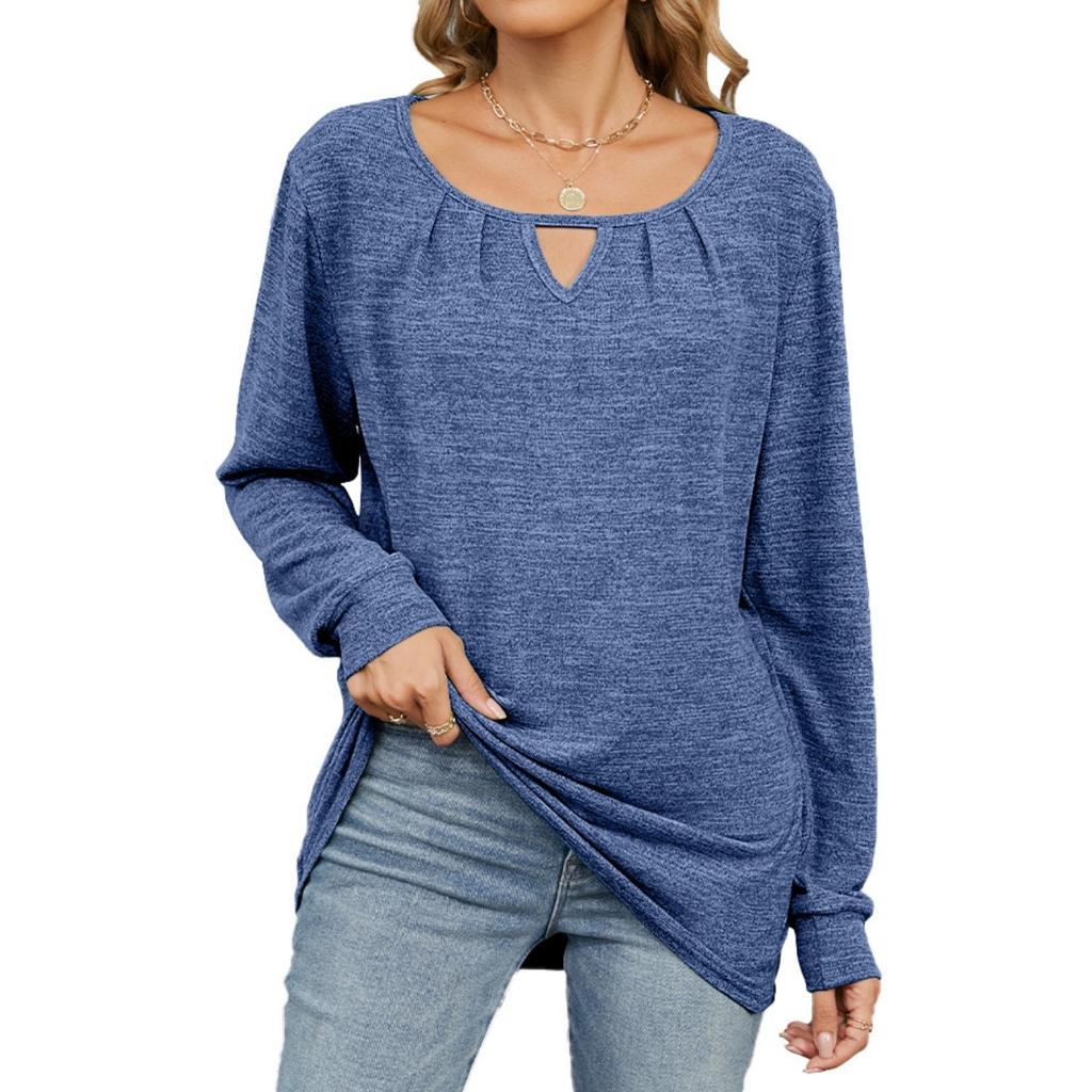 Women's Solid Color Crinkled Brushed Cutout Loose Long Sleeve T-shirt Fall Winter Casual Tops Leisure Export