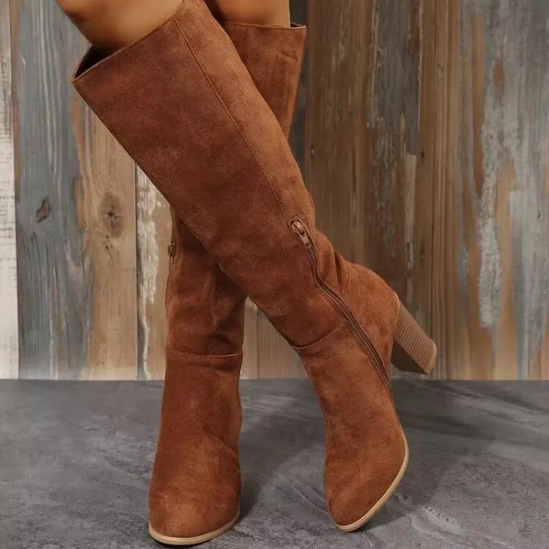Fashion Women's Boots Retro High Heels Western Cowboy Chunky Elegant Woman Heeled Shoes Winter New Warm Plush Knee High Long Suede Boots