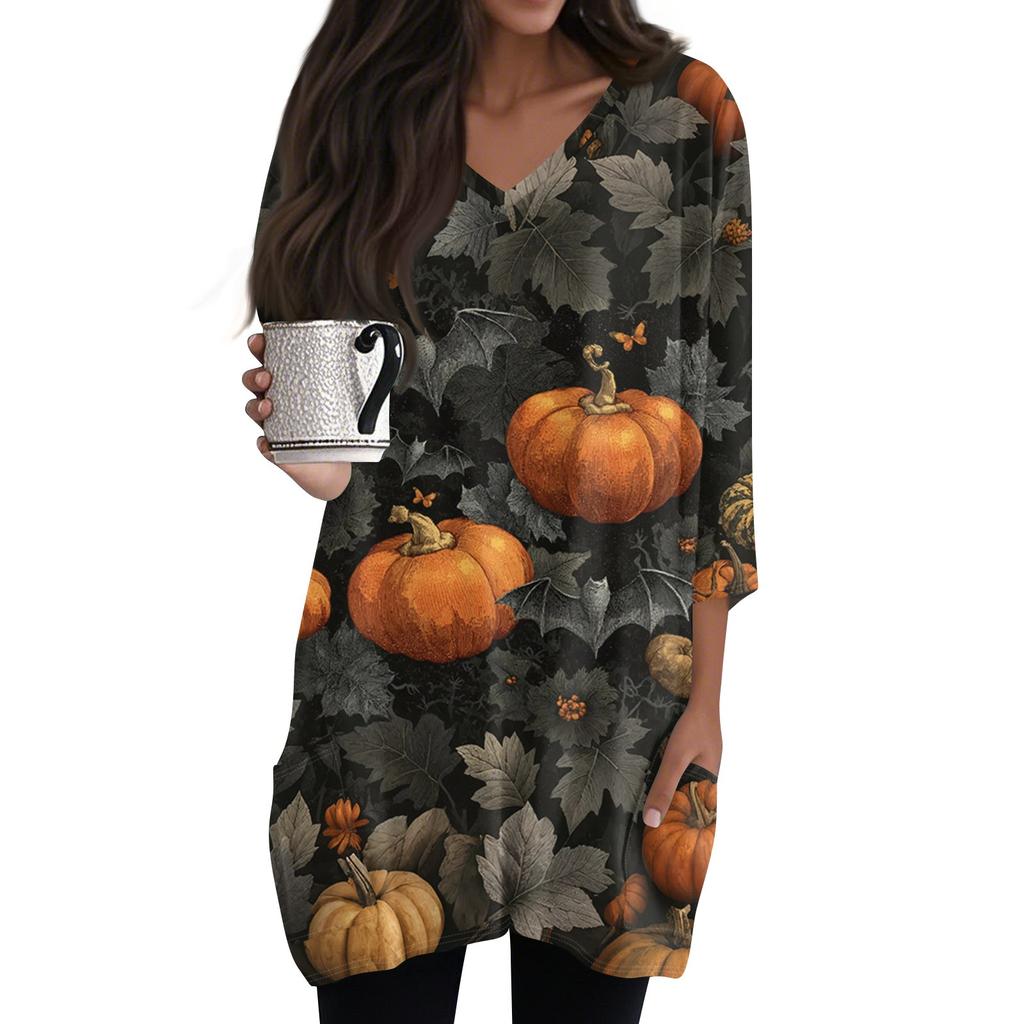 Womens's Fashion Casual Halloween Print V-neck Mid Length Pocket 3/4 Sleeve Top