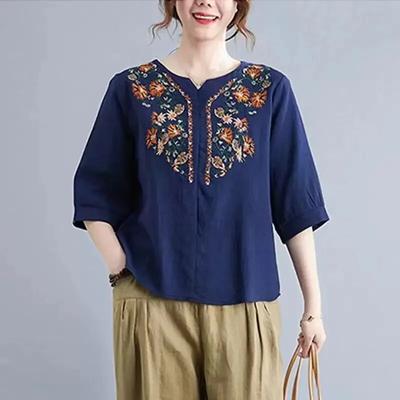 Summer T Shirt Cotton Linen Loose Fitting Ethnic Style Casual Round Neck Floral Printed Blouse Fashion Vintage