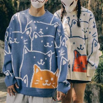 Cartoon Cat Knitted Sweater Japanese Retro Harajuku Pullover Men Tops Oversized Knitwear for Winter Autumn