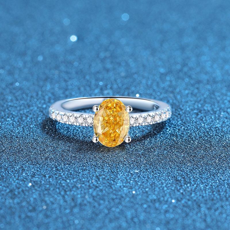 S925 Sterling Silver Egg-Shaped Women's Ring: Yellow, Green, Blue, Sea Blue Diamond, Korean Style