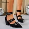 Fashion 2025 New Women's Pointed Toe Chunky Heel Fashion Single Shoes Thick Heeled Hollow Breathable Buckle Designed Elegant Sandals