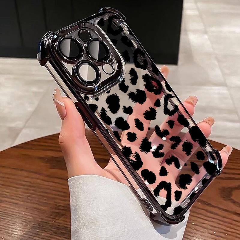 

Minimalist Leopard Print Electroplated Airbag Transparent Phone Case For iPhone 16 Pro Max 15 14 Plus 13 12 11 17 Air 16E Cover iPhone Air