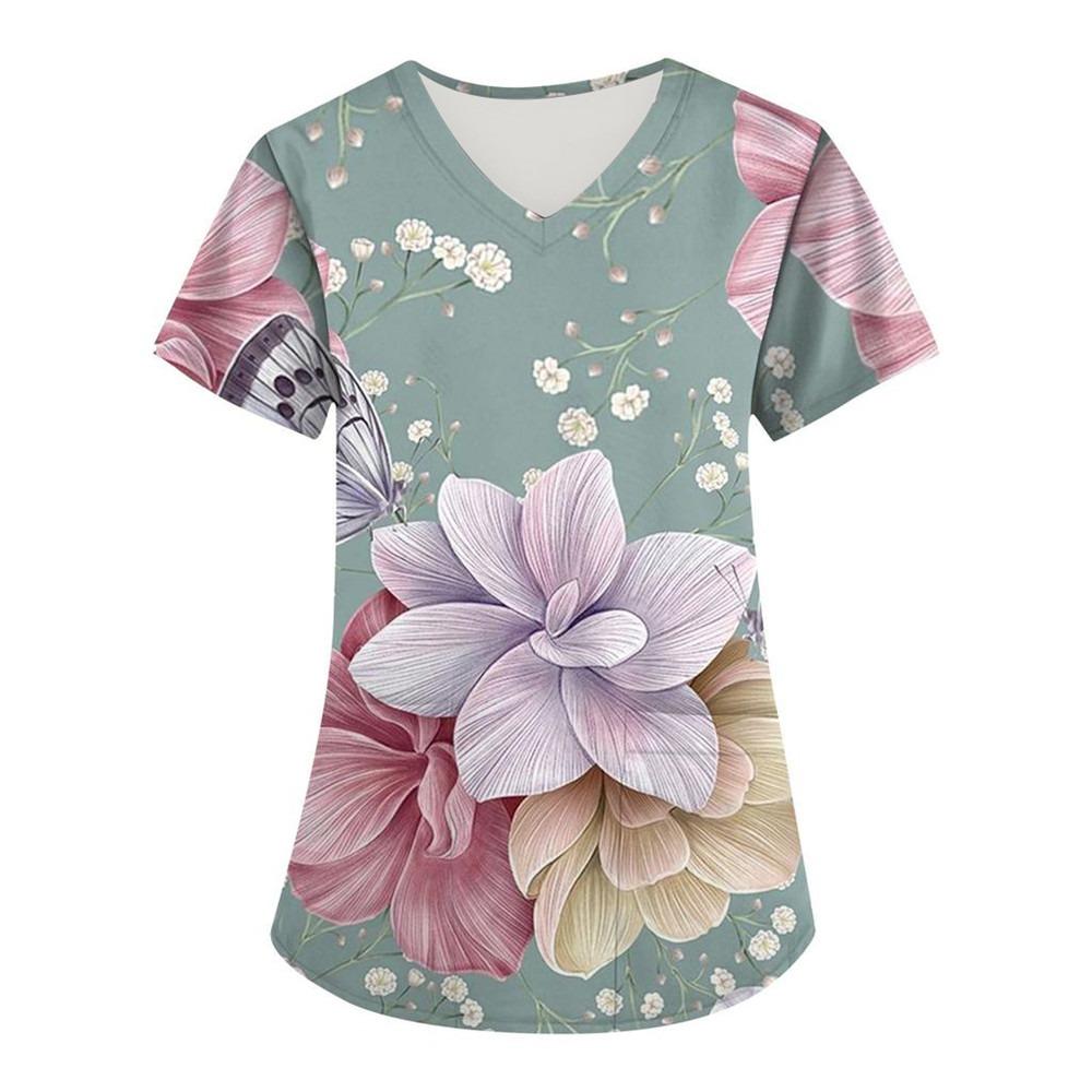 Women Nurse Uniform Floral 3D Print Tops V-Neck Pocket Medical Uniforms Nursing Short Sleeve T-shirt Tops Working Clothes