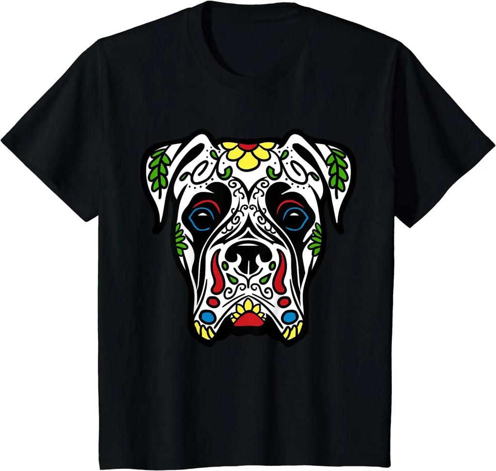 Boxer In White Dead Sugar Skull Dog Gift T-Shirt Casual Short Four Seasons Shirts for Unisex Women Kids Halloween Shirts Mexico