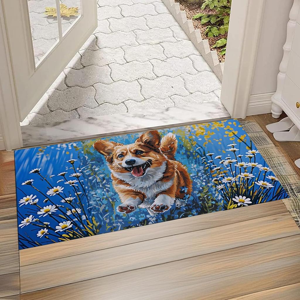 Cute Dog Floral Spring Daisies Doormat Polyester Floor Mat for Pet Lover Entryway Rug Porch Decor Puppy Gift Indoor Outdoor Mat