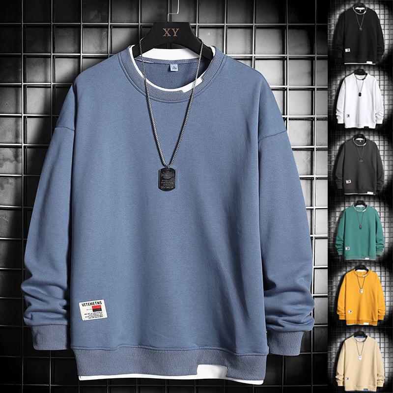 Men's Spring and Autumn Four Seasons Plus Size Thin Hoodless Round Neck Pullover Long Sleeved T Shirt Loose Blouse