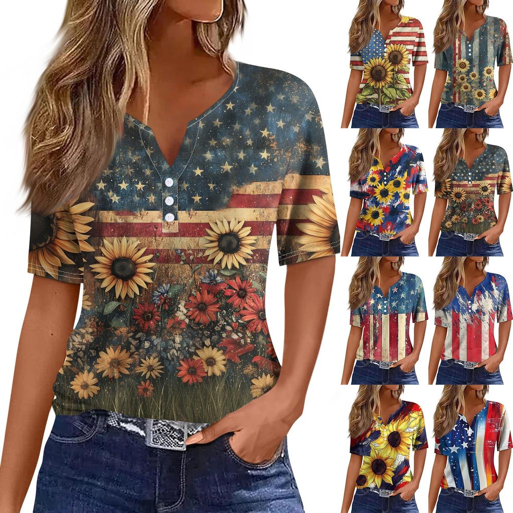 Damen-T-Shirt, T-Shirt, bedruckt, Knopfleiste, kurzärmelig, für den Alltag, Wochenende, modisch, Basic, V-Ausschnitt, normales Oberteil