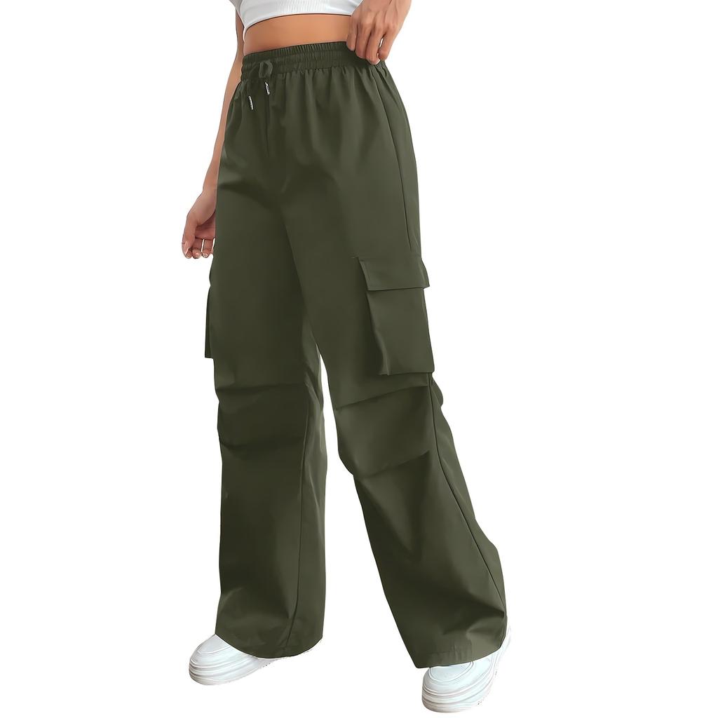 Pantalon taille haute élastique pour femme, pantalon décontracté, coupe active, jambe large, pantalon long avec poches